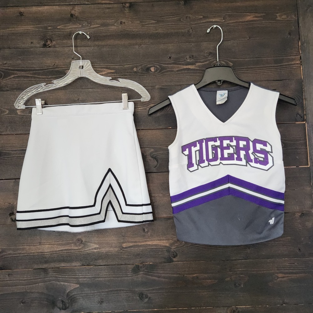 Varsity Spirit Tigers Cheerleading Uniform Set Top Skirt White Purple Grey 34 XS
